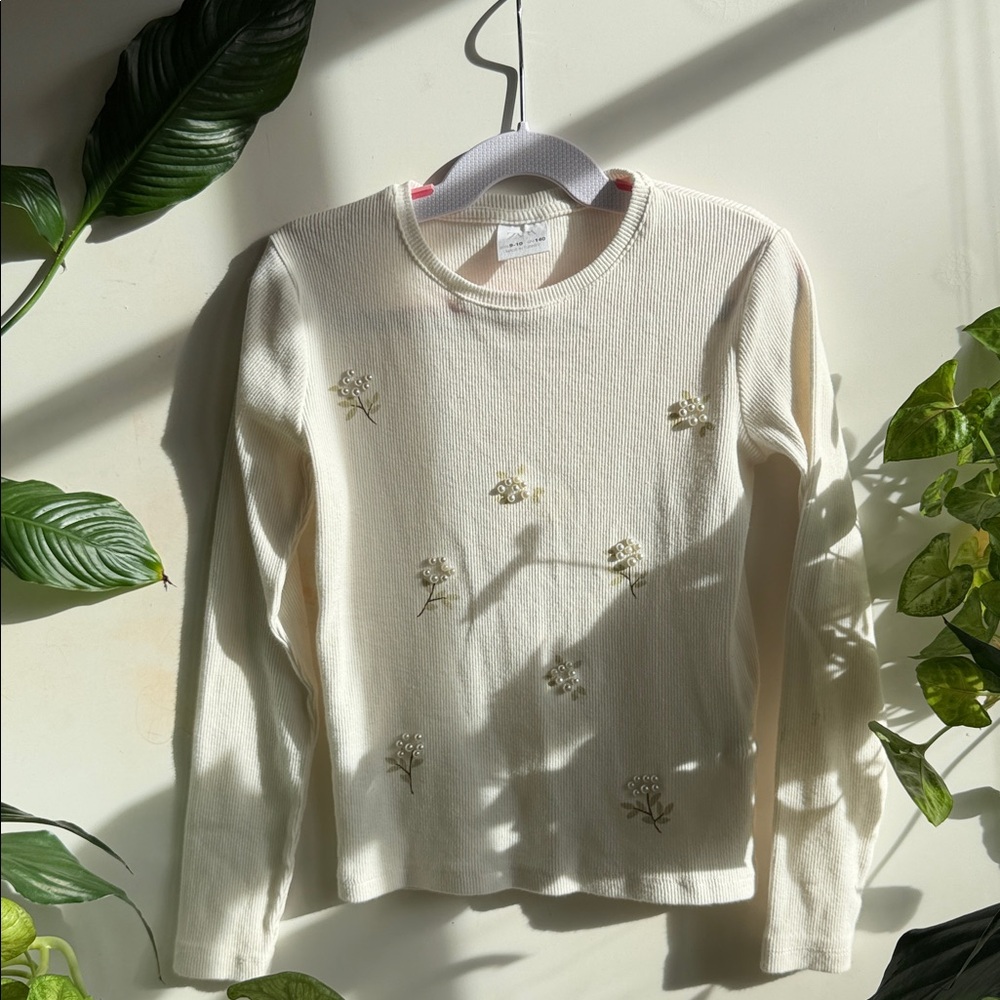 Zara Cream Kids Long Sleeve Tee with Floral Embroidery